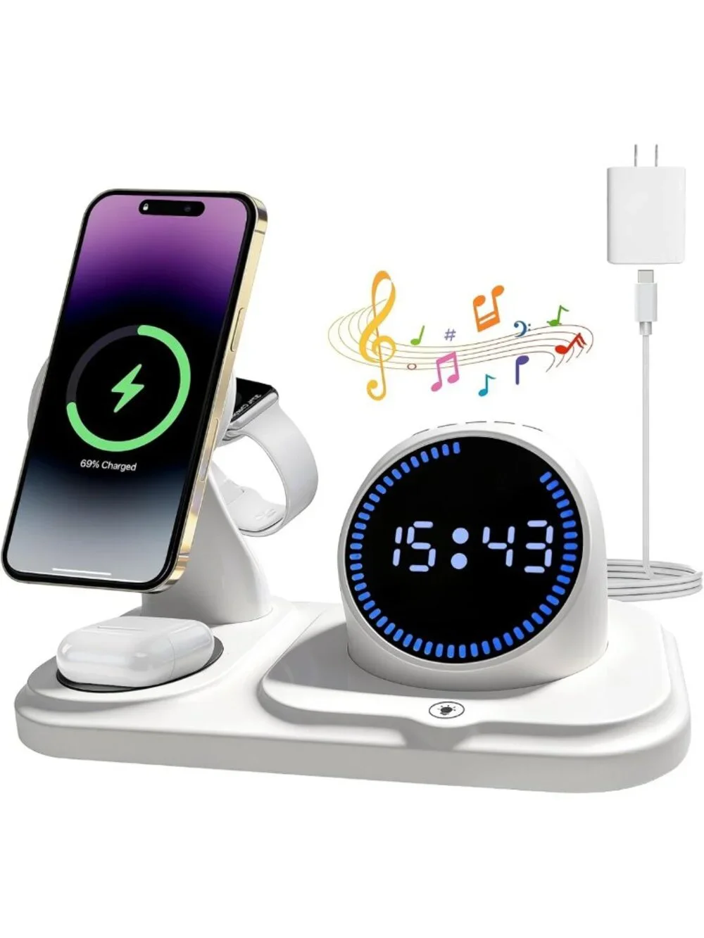 6-in-1 Wireless Charging Station with Bluetooth Speaker, Clock & Ambient Lights